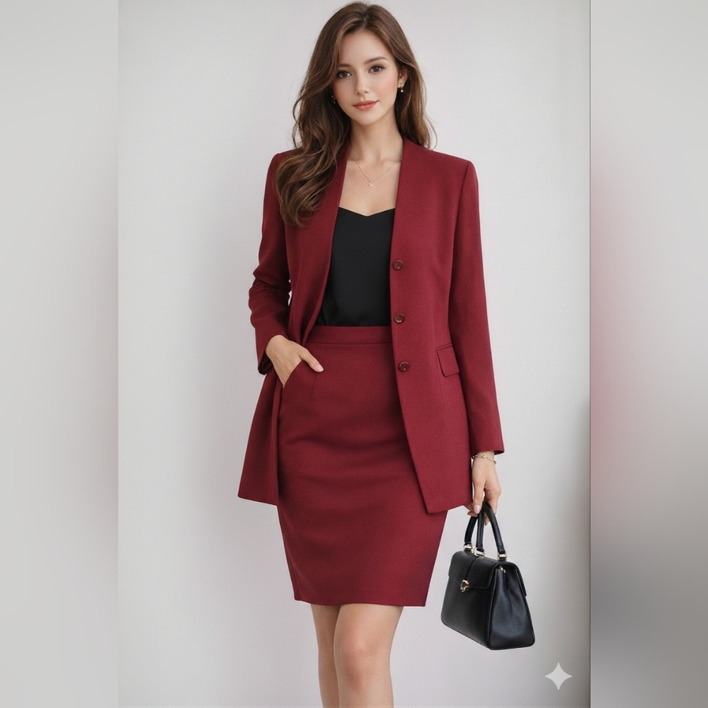 LEDIA Burgundy Two Piece Skirt Suit Set Collarless Blaze  XL